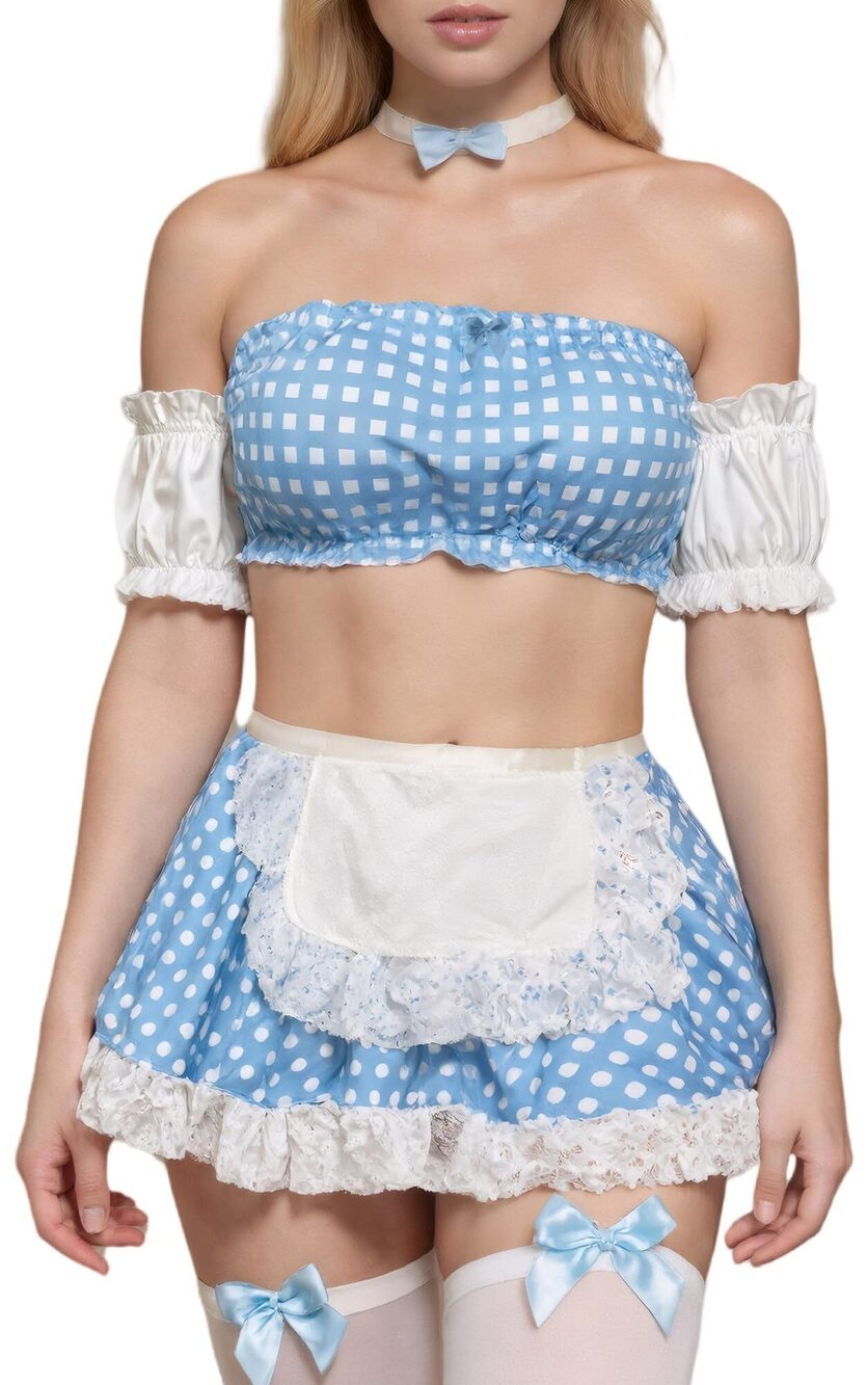 4325 Plaid French Maid Outfit Set Sexy Maid Schoolgirl Costume Crop Tube